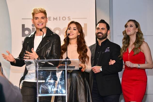 Hosts Christian Acosta (L), Danna Paola (2-L), Enrique Santos (2-R) and Jessica Carrillo (R) at the Billboard Awards to Latin Music Nominations Ceremony, in Miami, Florida, USA, 07 February 2017. The awards will be celebrated in 27 April 2017. Nominaciones a los Premios Billboard de la Música Latina !ACHTUNG: NUR REDAKTIONELLE NUTZUNG!  Copyright: xGIORGIOxVIERAx SHM58 20170208-636221213948606970