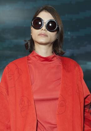USA: New York Fashion Week Fall 2017 Epson Model shows off dress by Daniela Hoehmann of Chile for Epson Digital Couture project presentation during 2017 fall New York Fashion week at IAC building  LevxRadin