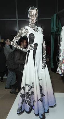 USA: New York Fashion Week Fall 2017 Epson Model shows off dress by Alexandra Polo & Miguel Moyano of Ecuador for Epson Digital Couture project presentation during 2017 fall New York Fashion week at IAC building  LevxRadin