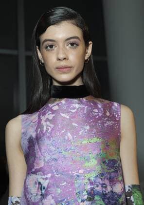 USA: New York Fashion Week Fall 2017 Epson Model shows off dress by Vanessa Krongold of Argentina for Epson Digital Couture project presentation during 2017 fall New York Fashion week at IAC building  LevxRadin