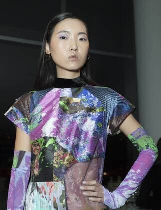 USA: New York Fashion Week Fall 2017 Epson Model shows off dress by Vanessa Krongold of Argentina for Epson Digital Couture project presentation during 2017 fall New York Fashion week at IAC building  LevxRadin