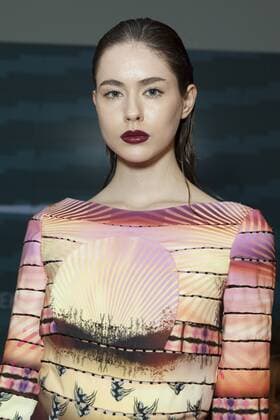 USA: New York Fashion Week Fall 2017 Epson Model shows off dress by Carlos de Moya of Dominican Republic for Epson Digital Couture project presentation during 2017 fall New York Fashion week at IAC building  LevxRadin