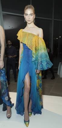 USA: New York Fashion Week Fall 2017 Epson Model shows off dress by Sonia Chang & Daniel Del Barco of Costa Rica for Epson Digital Couture project presentation during 2017 fall New York Fashion week at IAC building  LevxRadin