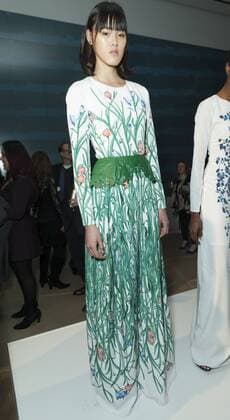 USA: New York Fashion Week Fall 2017 Epson Model shows off dress by Sarah Stevenson of Canada for Epson Digital Couture project presentation during 2017 fall New York Fashion week at IAC building  LevxRadin
