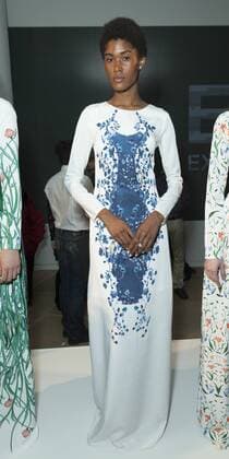USA: New York Fashion Week Fall 2017 Epson Model shows off dress by Sarah Stevenson of Canada for Epson Digital Couture project presentation during 2017 fall New York Fashion week at IAC building  LevxRadin