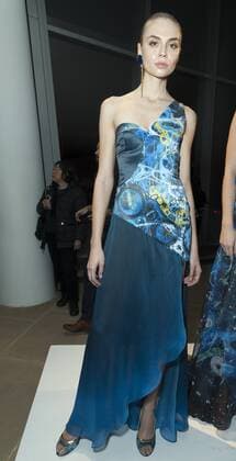 USA: New York Fashion Week Fall 2017 Epson Model shows off dress by Sonia Chang & Daniel Del Barco of Costa Rica for Epson Digital Couture project presentation during 2017 fall New York Fashion week at IAC building  LevxRadin