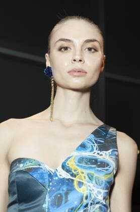 USA: New York Fashion Week Fall 2017 Epson Model shows off dress by Sonia Chang & Daniel Del Barco of Costa Rica for Epson Digital Couture project presentation during 2017 fall New York Fashion week at IAC building  LevxRadin