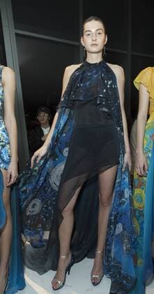 USA: New York Fashion Week Fall 2017 Epson Model shows off dress by Sonia Chang & Daniel Del Barco of Costa Rica for Epson Digital Couture project presentation during 2017 fall New York Fashion week at IAC building  LevxRadin