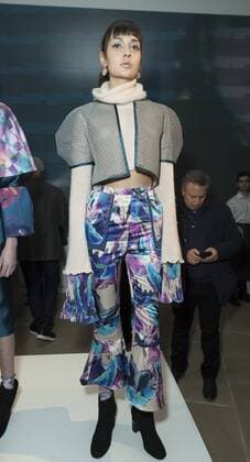 USA: New York Fashion Week Fall 2017 Epson Model shows off dress by Philadelphia University of USA for Epson Digital Couture project presentation during 2017 fall New York Fashion week at IAC building  LevxRadin