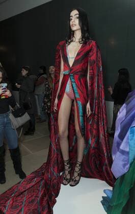 USA: New York Fashion Week Fall 2017 Epson Model shows off dress by Leonardo Mena of Mexico for Epson Digital Couture project presentation during 2017 fall New York Fashion week at IAC building  LevxRadin