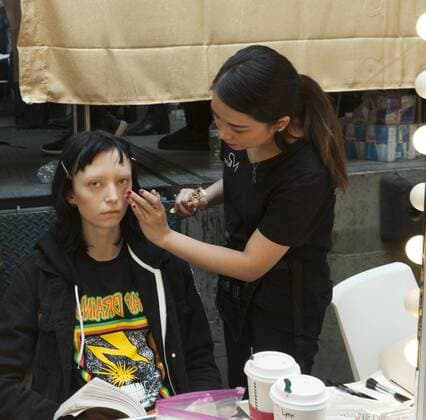 USA: New York Fashion Week Fall 2017 Epson Models prepare backstage for Epson Digital Couture project presentation during 2017 fall New York Fashion week at IAC building  LevxRadin