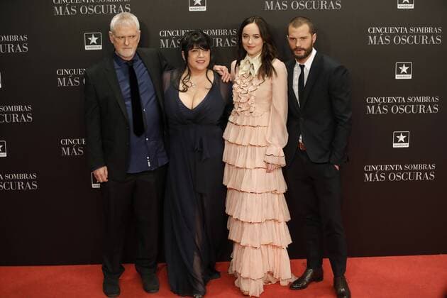 From left to right: Us film maker James Foley, British writter Erika Leonard Mitchell, US actress Dakota Johnson and British actor Jamie Dorman pose at their arrival to the presentation of Fifty Shades Darker held at Kinepolis cinema of Madrid, Spain on 08 February 2017. The film will screen upcoming 10 February. PRESENTATION OF FIFTY SHADES DARKER !ACHTUNG: NUR REDAKTIONELLE NUTZUNG!  Copyright: xJuanJoxMartínx 20170208-636221861028801523