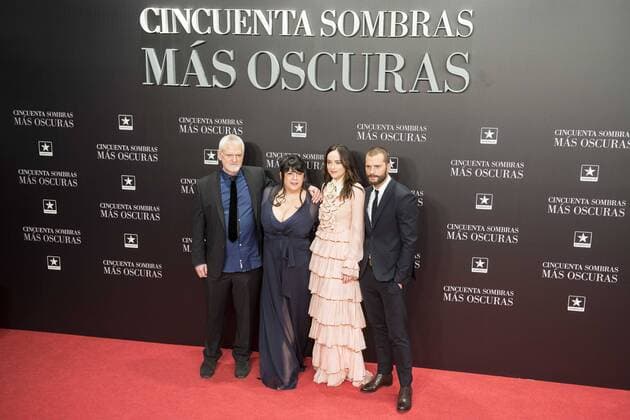 The director of the film, James Foley, the writer of the book Erika Leonard Mitchell, american actress Dakota Johnson and british actor Jamie Dornan attends to the premiere of the film Fifty Shades Darker at Kinepolis Cinemas in Madrid. February 08, 2017.  (20170208113)