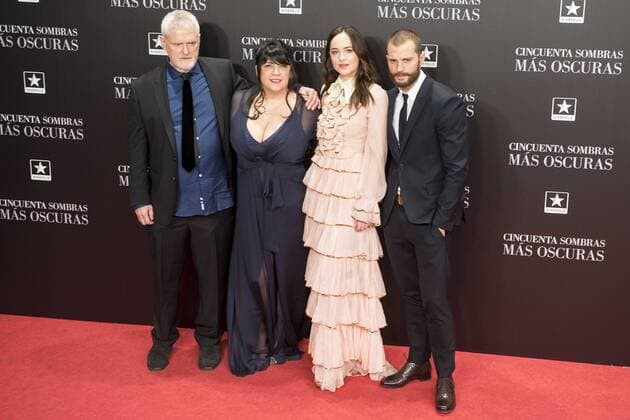 The director of the film, James Foley, the writer of the book Erika Leonard Mitchell, american actress Dakota Johnson and british actor Jamie Dornan attends to the premiere of the film Fifty Shades Darker at Kinepolis Cinemas in Madrid. February 08, 2017.  (20170208115)