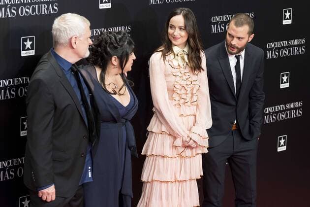 The director of the film, James Foley, the writer of the book Erika Leonard Mitchell, american actress Dakota Johnson and british actor Jamie Dornan attends to the premiere of the film Fifty Shades Darker at Kinepolis Cinemas in Madrid. February 08, 2017.  (20170208117)