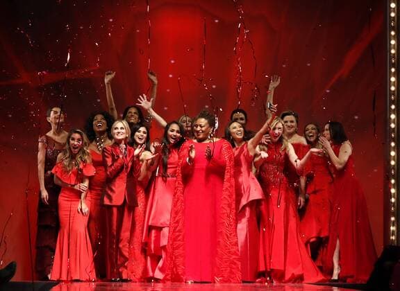 Celebrity models stand on the runway at the conclusion of The American Heart Association s Go Red For Women Red Dress Collection 2017 fashion show presented by Macy s on February 9, 2017 in New York City.  NYP20170209165 JOHNxANGELILLO