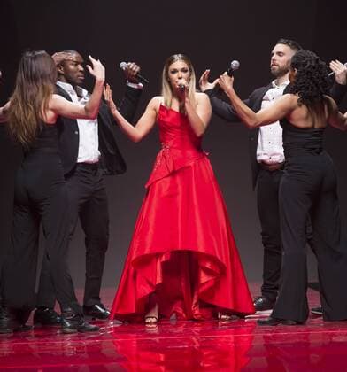 USA: Red Dress Collection 2017 Rachel Platten in Marchesa performs for the Red Dress Collection 2017 fashion show by Macys at Hammerstein Ballroom at Manhattan Center benefit American Heart Association  LevxRadin