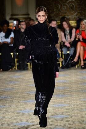 A model walks on the runway at the Christian Siriano fashion show at New York Fashion Week: The Plaza Hotel on February 11, 2017 in New York City.  NYP20170211872 ANDREAxHANKS