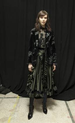 USA: New York Fashion week Fall 2017 Jill Stuart Model shows off dress by Jill Stuart backstage in preparation for presentation during New York Fashion week Fall 2017 at 195 Broadway.  LevxRadin