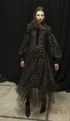 USA: New York Fashion week Fall 2017 Jill Stuart Model shows off dress by Jill Stuart backstage in preparation for presentation during New York Fashion week Fall 2017 at 195 Broadway.  LevxRadin