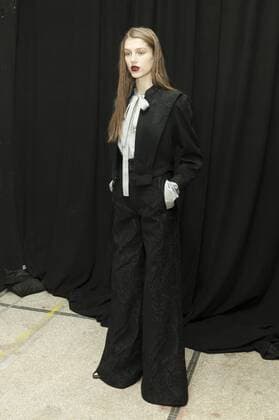 USA: New York Fashion week Fall 2017 Jill Stuart Model shows off dress by Jill Stuart backstage in preparation for presentation during New York Fashion week Fall 2017 at 195 Broadway.  LevxRadin
