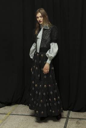 USA: New York Fashion week Fall 2017 Jill Stuart Model shows off dress by Jill Stuart backstage in preparation for presentation during New York Fashion week Fall 2017 at 195 Broadway.  LevxRadin