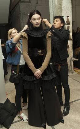USA: New York Fashion week Fall 2017 Jill Stuart Models show off dress by Jill Stuart backstage in preparation for presentation during New York Fashion week Fall 2017 at 195 Broadway  LevxRadin