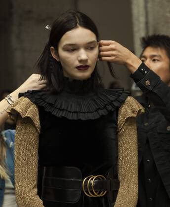 USA: New York Fashion week Fall 2017 Jill Stuart Model prepares backstage for presentation during New York Fashion week Fall 2017 at 195 Broadway  LevxRadin