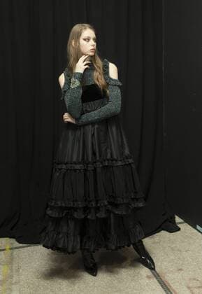 USA: New York Fashion week Fall 2017 Jill Stuart Model shows off dress by Jill Stuart backstage in preparation for presentation during New York Fashion week Fall 2017 at 195 Broadway.  LevxRadin