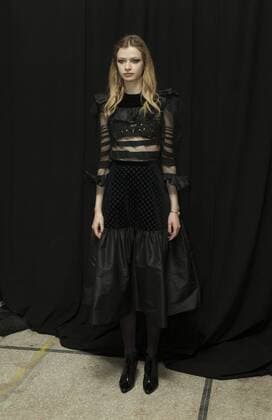 USA: New York Fashion week Fall 2017 Jill Stuart Model shows off dress by Jill Stuart backstage in preparation for presentation during New York Fashion week Fall 2017 at 195 Broadway.  LevxRadin
