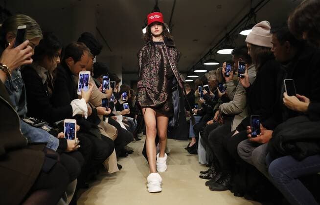 A model wears a Make America New York hat when she walks on the runway at the Public School FW 17 show at New York Fashion Week at Milk Studios on February 12, 2017 in New York City.  NYP20170212101 JOHNxANGELILLO