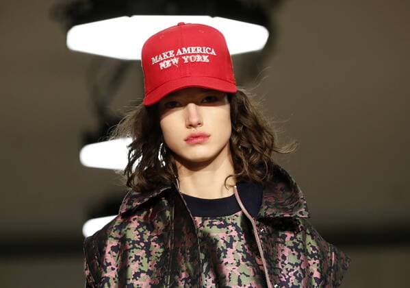 A model wears a Make America New York hat when she walks on the runway at the Public School FW 17 show at New York Fashion Week at Milk Studios on February 12, 2017 in New York City.  NYP20170212115 JOHNxANGELILLO