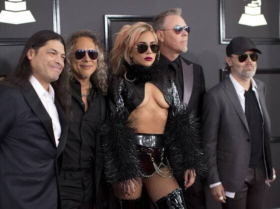 February 12, 2017 - Los Angeles, CALIFORNIA, UNITED STATES OF AMERICA - Singer Lady Gaga with (L-R) musicians Robert Trujillo, Kirk Hammett, James Hetfield, and Lars Ulrich of Metallica attend The 59th GRAMMY Awards at STAPLES Center on February 12, 2017 in Los Angeles, California..ARMANDO ARORIZO. Los Angeles UNITED STATES OF AMERICA - ZUMAa60_ 20170212_zaf_a60_017 Copyright: xArmandoxArorizox