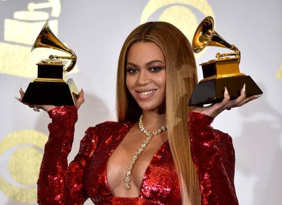 Beyonce appears backstage with her awards for Best Music Video for Formation and Best Urban Contemporary Album for Lemonade during the 59th annual Grammy Awards held at Staples Center in Los Angeles on February 12, 2017.  LAP201702121419 CHRISTINExCHEW