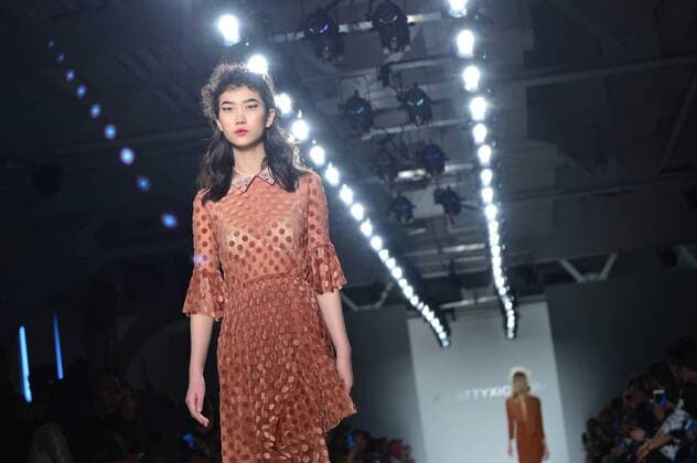 A model walks on the runway at the Katty Xiomara fashion show at New York Fashion Week: Pier 59 Studios on February 13, 2017 in New York City.  NYP201702131004 ANDREAxHANKS
