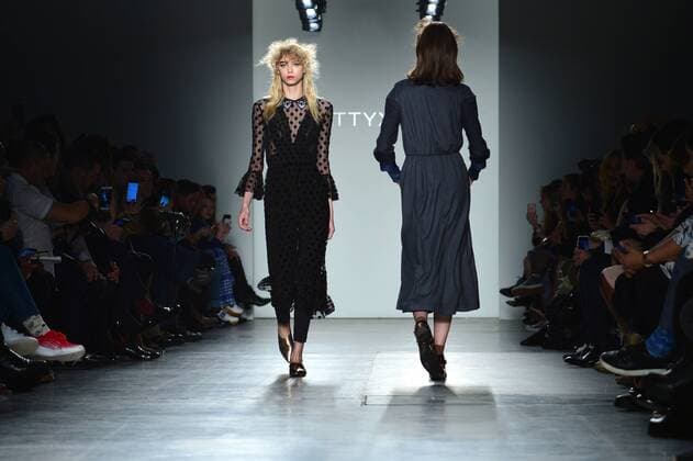 Models walk on the runway at the Katty Xiomara fashion show at New York Fashion Week: Pier 59 Studios on February 13, 2017 in New York City.  NYP201702131012 ANDREAxHANKS