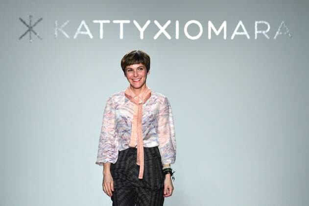 Designer Katty Xiomara greets the audience after her fashion show at New York Fashion Week: Pier 59 Studios on February 13, 2017 in New York City.  NYP201702131015 ANDREAxHANKS