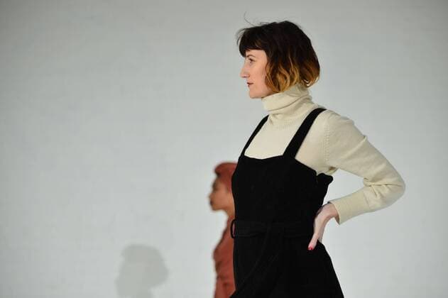 A model walks on the runway as a dancer performs at the Mara Hoffman fashion show at New York Fashion Week: The Shows at Shop Studios on February 13, 2017 in New York City.  NYP201702131040 ANDREAxHANKS