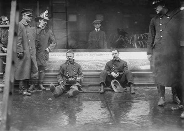 November 15, 2016 - Firemen Seated on Sidewalk after Fighting Subway Tunnel Fire, West 55th Street and Broadway, New York City, New York, USA, Bain News Service, January 1915 - ZUMAg145 20161115_zza_g145_005 Copyright: xJTxVintagex