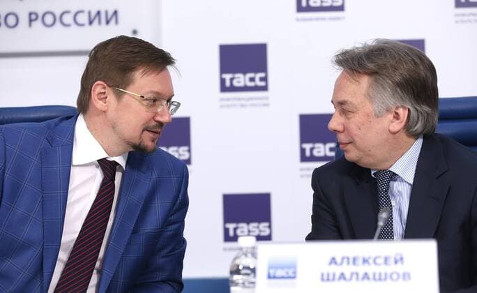 MOSCOW, RUSSIA - FEBRUARY 15, 2017: Russia s deputy minister of culture Alexander Zhuravsky (L) and general director of the Moscow Philharmonic Society Alexey Shalashov at a press conference held via a video conference link between Moscow, St Petersburg, Yekaterinburg, and Novosibirsk, to discuss the results of the 2016 leg of the 2nd All Russian Music Competition focused on wind instruments, percussion instruments, the organ and the harp, and the opening of the 2017 leg focused on folk instruments. The All Russian Music Competition consists of 4 legs. Anton Novoderezhkin TASS  TS041370