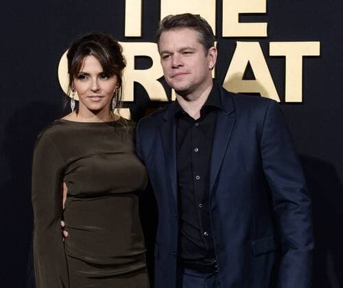 Cast member Matt Damon and his wife Luciana Barroso attend the premiere of the motion picture fantasy thriller The Great Wall at the TCL Chinese Theatre in the Hollywood section of Los Angeles on February 15, 2017. Storyline: European mercenaries searching for black powder become embroiled in the defense of the Great Wall of China against a horde of monstrous creatures.  LAP2017021503 JIMxRUYMEN