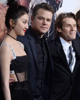 Cast members Tian Jing, Matt Damon and Willem Dafoe (L-R) attend the premiere of the motion picture fantasy thriller The Great Wall at the TCL Chinese Theatre in the Hollywood section of Los Angeles on February 15, 2017. Storyline: European mercenaries searching for black powder become embroiled in the defense of the Great Wall of China against a horde of monstrous creatures.  LAP2017021521 JIMxRUYMEN