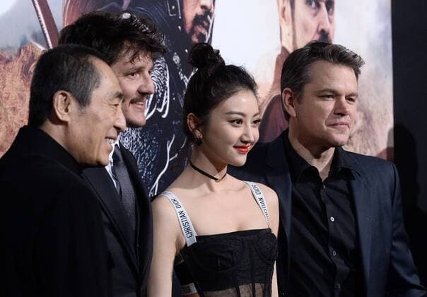 Director Yimou Zhang and cast members Tian Jing, Matt Damon and Willem Dafoe (L-R) gather on the red carpet during the premiere of the motion picture fantasy thriller The Great Wall at the TCL Chinese Theatre in the Hollywood section of Los Angeles on February 15, 2017. Storyline: European mercenaries searching for black powder become embroiled in the defense of the Great Wall of China against a horde of monstrous creatures.  LAP2017021528 JIMxRUYMEN
