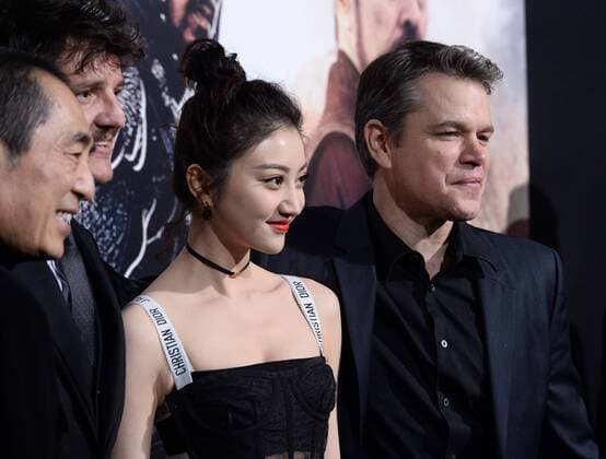 Director Yimou Zhang and cast members Tian Jing, Matt Damon and Willem Dafoe (L-R) gather on the red carpet during the premiere of the motion picture fantasy thriller The Great Wall at the TCL Chinese Theatre in the Hollywood section of Los Angeles on February 15, 2017. Storyline: European mercenaries searching for black powder become embroiled in the defense of the Great Wall of China against a horde of monstrous creatures.  LAP2017021526 JIMxRUYMEN