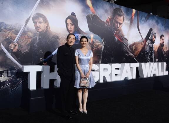 Director Yimou Zhang and his wife Chen Ting attend the premiere of his new motion picture fantasy thriller The Great Wall at the TCL Chinese Theatre in the Hollywood section of Los Angeles on February 15, 2017. Storyline: European mercenaries searching for black powder become embroiled in the defense of the Great Wall of China against a horde of monstrous creatures.  LAP2017021533 JIMxRUYMEN