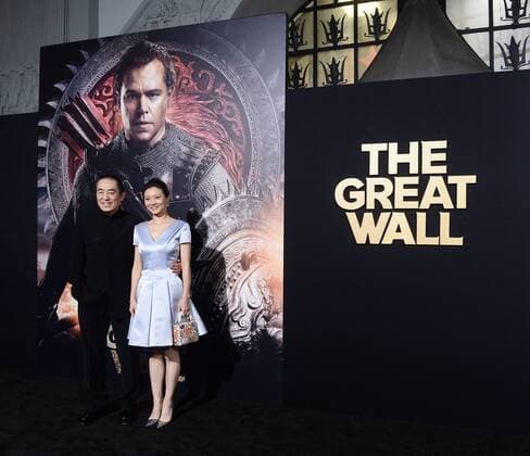 Director Yimou Zhang and his wife Chen Ting attend the premiere of his new motion picture fantasy thriller The Great Wall at the TCL Chinese Theatre in the Hollywood section of Los Angeles on February 15, 2017. Storyline: European mercenaries searching for black powder become embroiled in the defense of the Great Wall of China against a horde of monstrous creatures.  LAP2017021535 JIMxRUYMEN