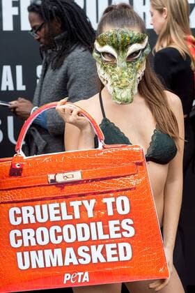 . 17 02 2017. London, United Kingdom. Animal Rights Protest at London Fashion Week. Activists from the animal rights group People for the Ethical Treatment of Animals (Peta) protest outside London Fashion Week on the Strand. The group claim that fashion houses such as Louis Vuitton s parent company, LVMH obtain crocodile skins from Vietnamese crocodile farms, where they allege the reptiles are raised in appalling conditions.  xPetexMaclainex xi-Imagesx IIM-14406-0011