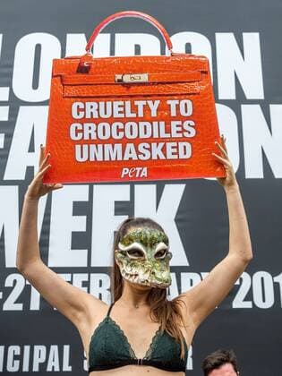 . 17 02 2017. London, United Kingdom. Animal Rights Protest at London Fashion Week. Activists from the animal rights group People for the Ethical Treatment of Animals (Peta) protest outside London Fashion Week on the Strand. The group claim that fashion houses such as Louis Vuitton s parent company, LVMH obtain crocodile skins from Vietnamese crocodile farms, where they allege the reptiles are raised in appalling conditions.  xPetexMaclainex xi-Imagesx IIM-14406-0020