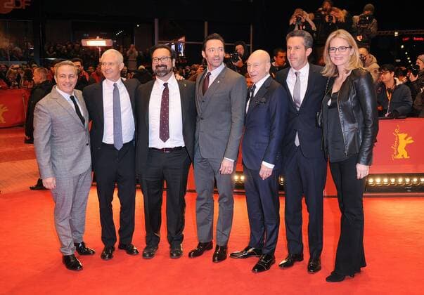 American producer Hutch Parker, American director James Mangold, Australian actor Hugh Jackman, British actor Patrick Stewart and British producer Simon Kinberg attend the premiere for Logan at the Grand Hyatt Hotel in Berlin on February 17, 2017.  LON20170217223 PAULxTREADWAY
