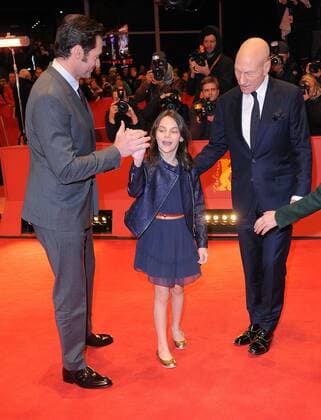 Australian actor Hugh Jackman, British actress Dafne Keen and British actor Patrick Stewart attend the premiere for Logan at the Grand Hyatt Hotel in Berlin on February 17, 2017.  LON20170217402 PAULxTREADWAY